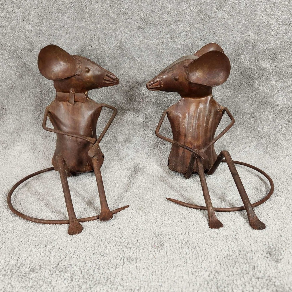 Ancient Graffiti Metal Mouse Figurines Brown Rusted Iron Folk Art Decor Set of 2